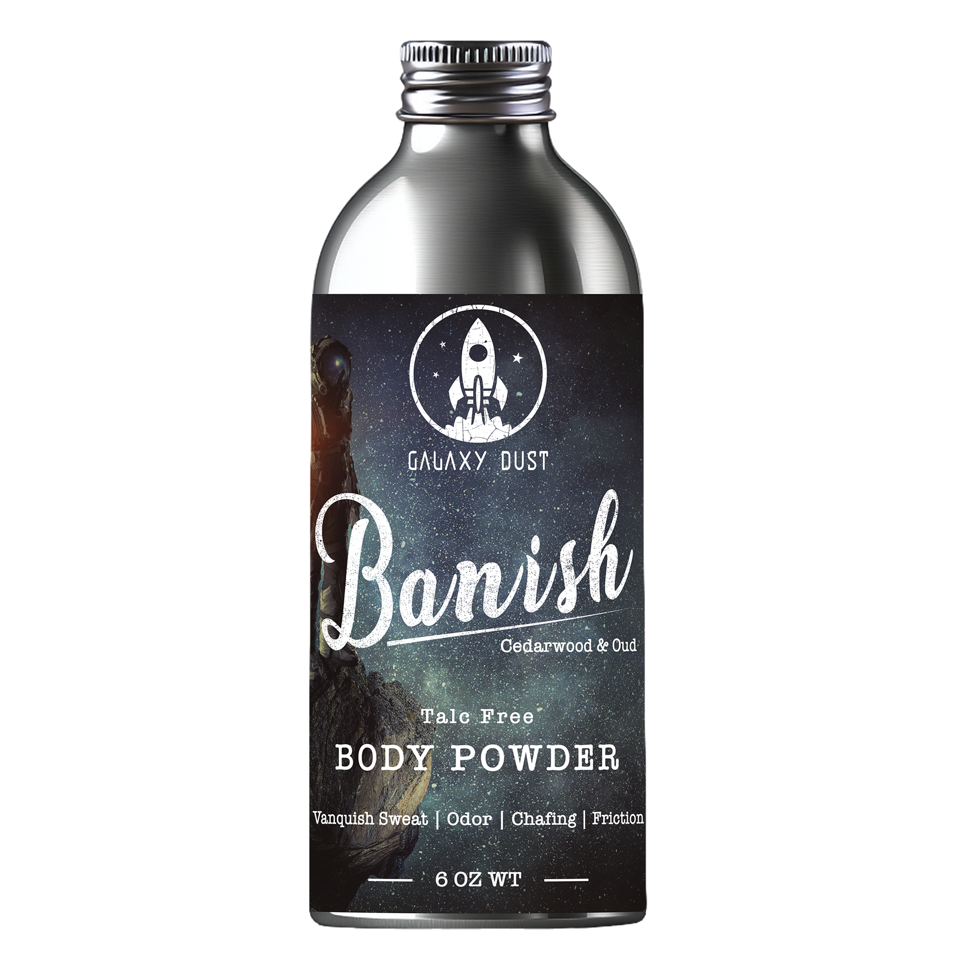 Bottle of Banish body powder for men