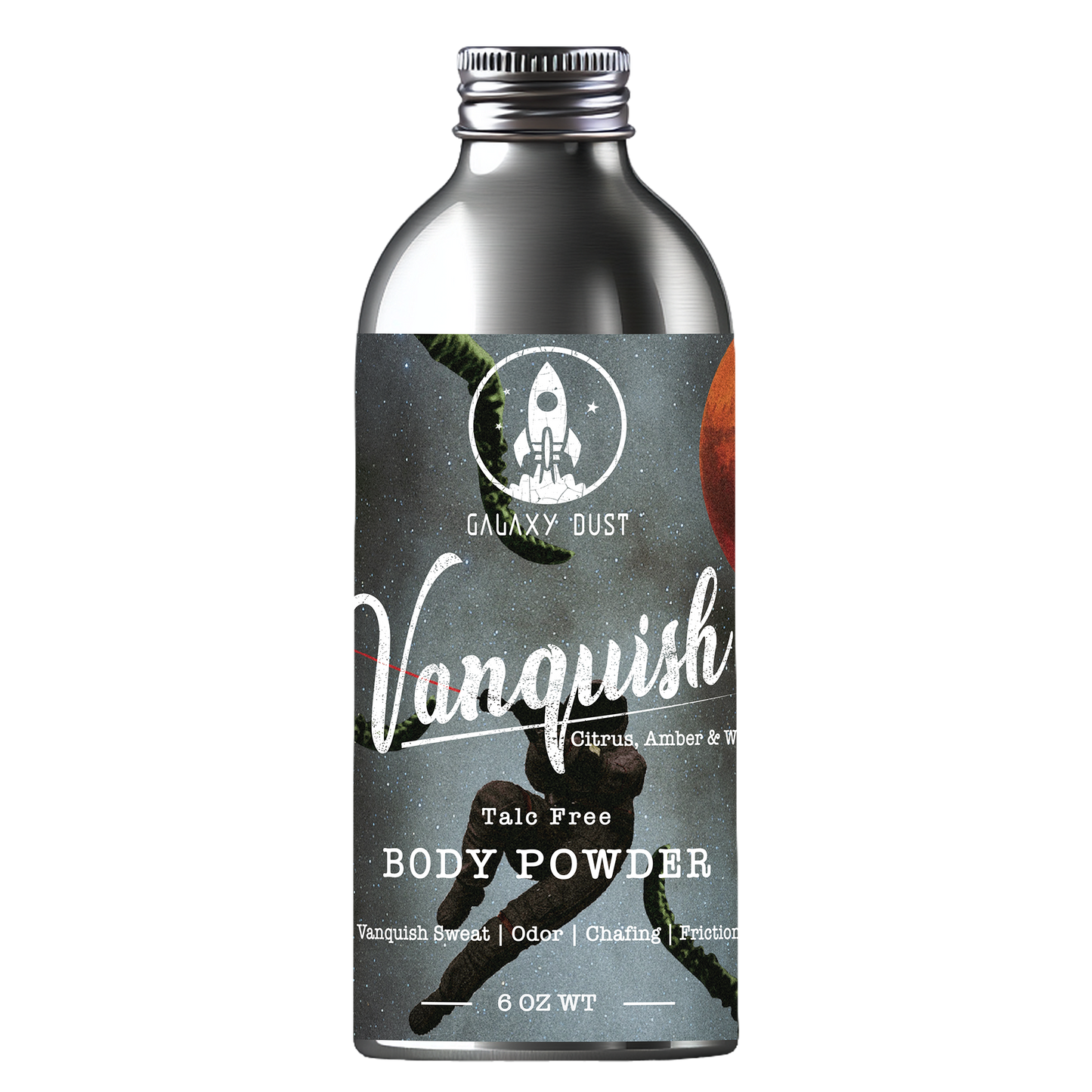 A bottle of Vanquish body powder for men