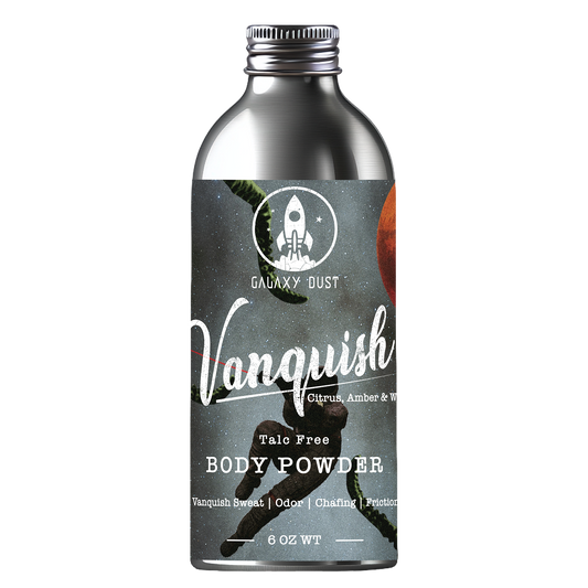 A bottle of Vanquish body powder for men